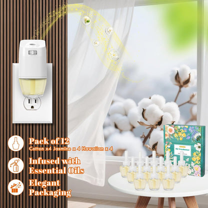 PlugIns Refills Air Freshener, Scented and Essential Oils for Home and Bathroom, Hawaiian, Jasmine, Cotton, Indoor Home Use, 12 Count, Compatible with Airwick, Compatible with Glade