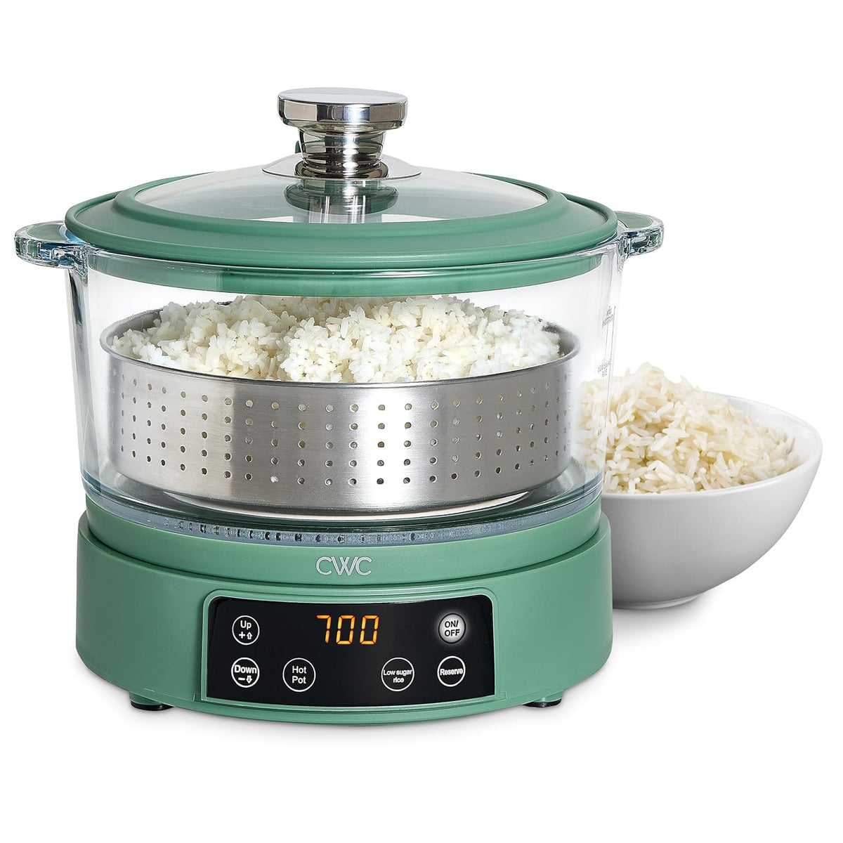 COOK WITH COLOR 3L Glass Low Carb Rice Cooker - Makes 6 Cups Cooked Low Sugar Rice with Auto Lift Filter Basket, Hotpot & Steamer for Rice, Grains and Oats, Digital Panel with Keep Warm, Dark Sage