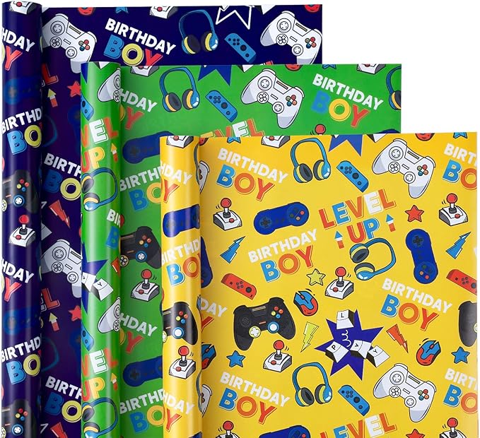 WRAPAHOLIC Gaming Wrapping Paper - 3 Short Roll - Video Game Birthday Wrapping Paper for Kids Boys Birthday, Game Lover - 17 Inch x 120 Inch Per roll