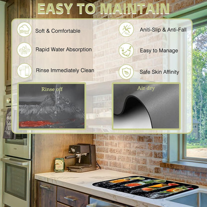 Dish Drying Mat Glasses Filled with Various Fruits Kitchen Mat 16"x24" Bsorbent Coffee Maker Mat for Dishes,Utensils Coffee Maker Pots and Pans Easy Clean Dish Slip Resistant Pad