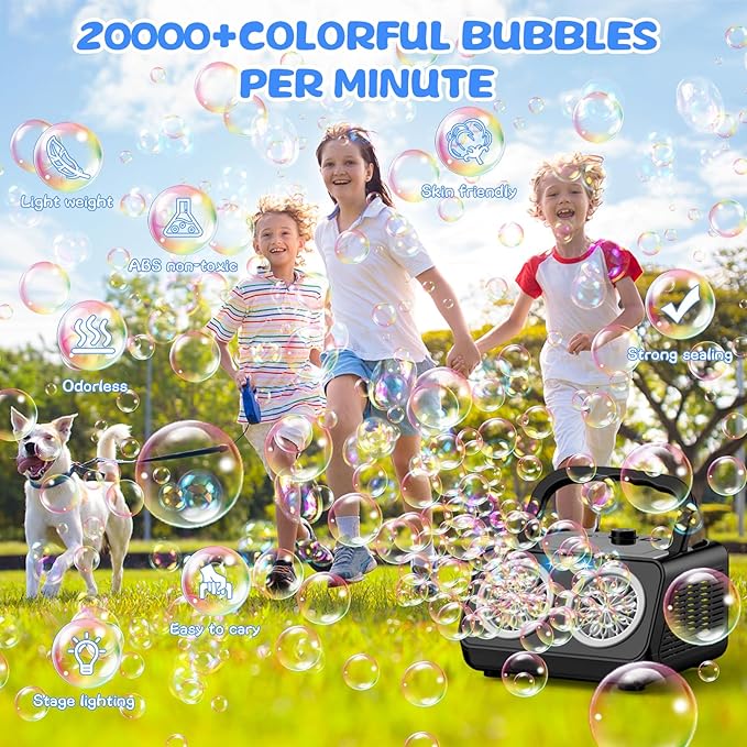 SHCKE Automatic Bubble Machine Upgrade Bubble Blower with 2 Fans,20000+ Bubbles Per Minute, USB-C or Battery Powered,Sealed Bottle, Portable Bubble Maker for Birthday Party Pool Wedding Outdoor