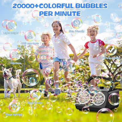 SHCKE Automatic Bubble Machine Upgrade Bubble Blower with 2 Fans,20000+ Bubbles Per Minute, USB-C or Battery Powered,Sealed Bottle, Portable Bubble Maker for Birthday Party Pool Wedding Outdoor