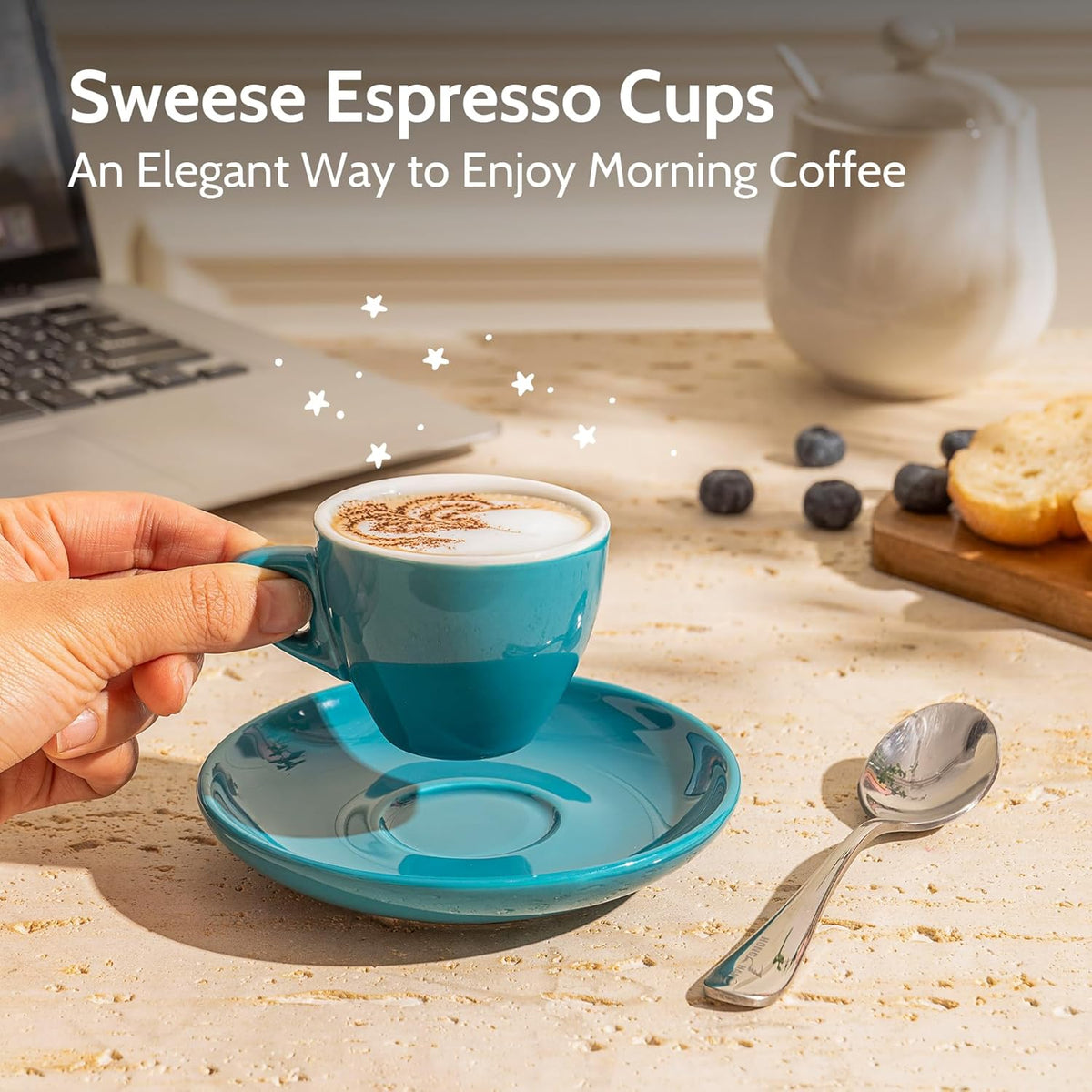 Sweese Espresso Cups with Saucers, 4 Ounce Demitasse Cups, Perfect for Single or Double Espresso, Cappuccino, Latte and Tea - Set of 6, Multicolor