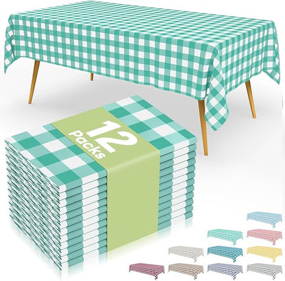 Smiry 12 Packs Gingham Disposable Table Cloth, 54 x 108 Inch Waterproof Plastic Tablecloth, Rectangle Teal and White Checkered Table Covers for Picnic, Birthday, Party