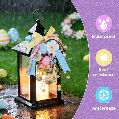 Easter Decorative Candle Lanterns, Battery Operated with Timer, 2 Pack Black Easter Egg Lanterns, 14" Waterproof Hanging Lanterns for Porch, Patio, Wedding Spring Decor
