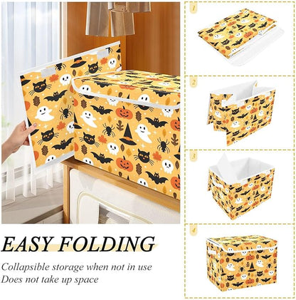 Large Collapsible Storage Bins with Lids, Halloween Spooky Skull Pumpkin Black Cat Storage Baskets Organizer Containers with Handles for Nursery Clothes Toys