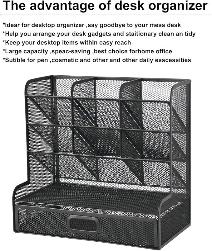 Marbrasse Mesh Pen Holder for Desk, Multi-Functional Pencil Organizer with Drawer, Desk Organizers and Accessories for Office Art Supplies (Large Black)