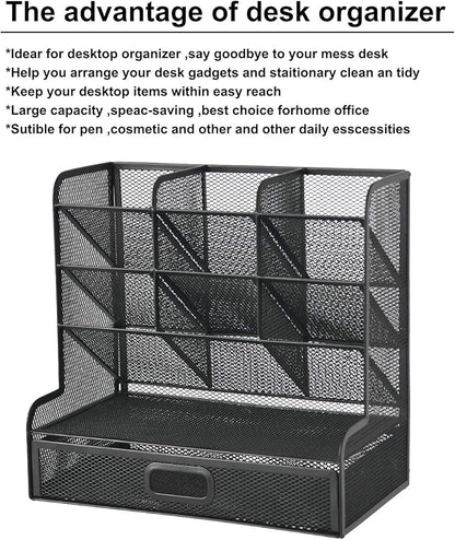 Marbrasse Mesh Pen Holder for Desk, Multi-Functional Pencil Organizer with Drawer, Desk Organizers and Accessories for Office Art Supplies (Large Black)