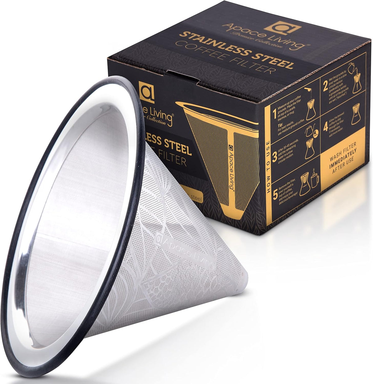 Compatible with Hario V60 Pour Over Coffee Filter - Wide Metal Base Reusable Stainless Steel Coffee Dripper