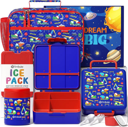Fimibuke Kids Bento Snack Lunch Box with 4 Compartment, Insulated lunch Bag, Stainless Steel Vacuum Thermos Food Jar, Ice Pack, Utensils Set, Birthday Gift for Age 3-12 Back to School Toddler Girl Boy