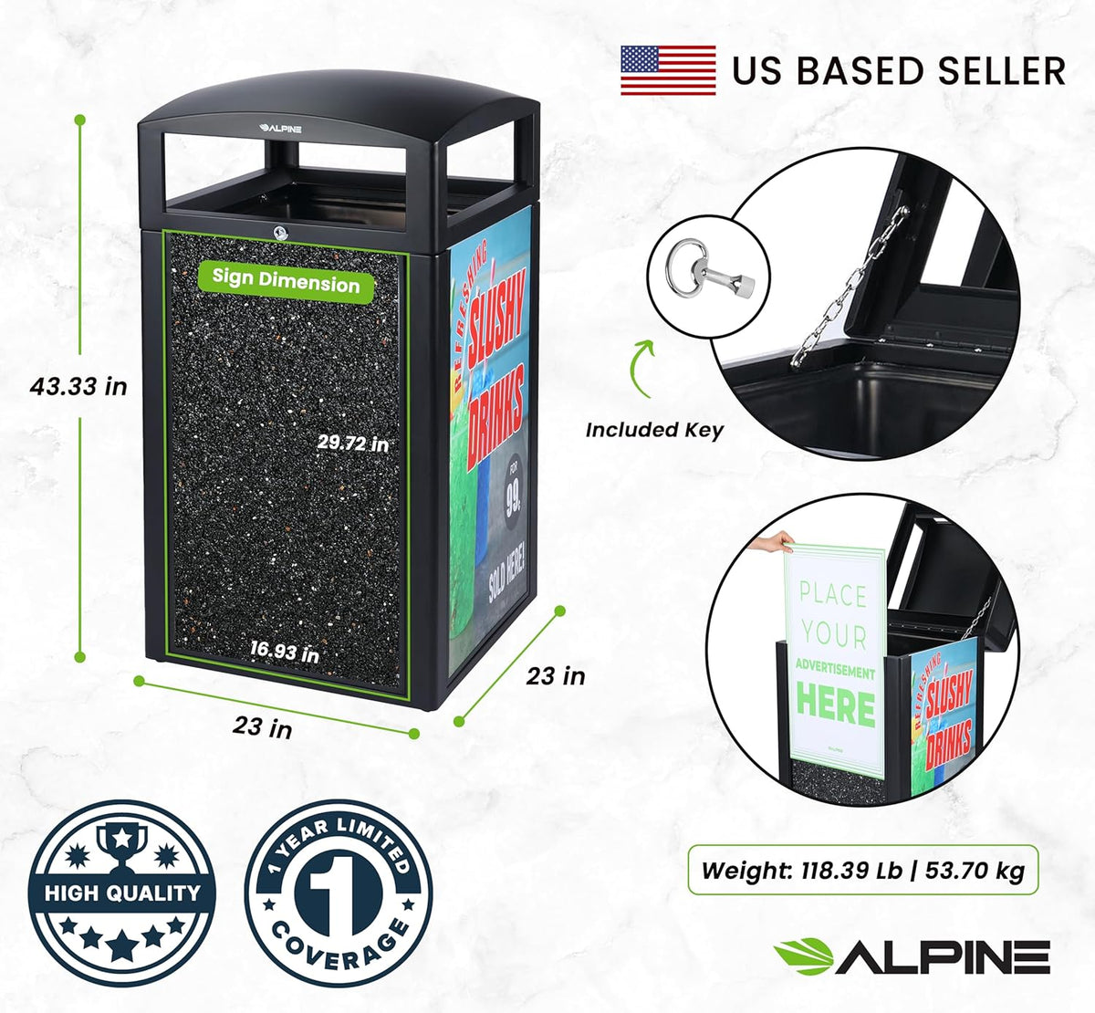 Alpine Outdoor Commercial Trash Can with Lid - 40 Gallon Heavy Duty Metal Garbage Can with Advertising Panels, Removable Bin, Locking Lid for a Modern Look in Pool, Park, Mall (Grey Stones)