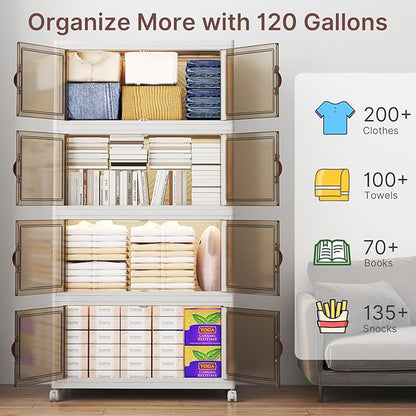 UAMFURI Stackable Storage Bins with Lids, 960QT Closet Organizers, Lockable Storage Cabinet, Foldable Storage Box with Doors and Wheels, Plastic Drawers for Home, Garage, Office (8, White, Large)