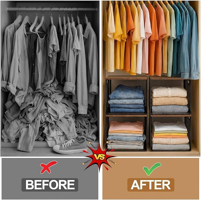 AceOrbit 3 Pcs Widened Stackable Closet Organizers and Storage with Wood Top Foldable Metal Cube Closet Shelf DIY Space Saving Linen Clothes Shoes Bed Sheet Bin for Wardrobe Bedroom Living Room Pantry