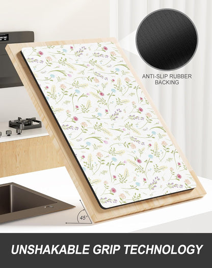 Rnivvi Dish Drying Mat for Kitchen Counter, XL 15 x 24" Cute Flower Theme Absorbent Draining Pad, Non-Slip Heat Resistant Coffee Bar Mat for Coffee Machine Station Accessories, White Dish Rack Pad