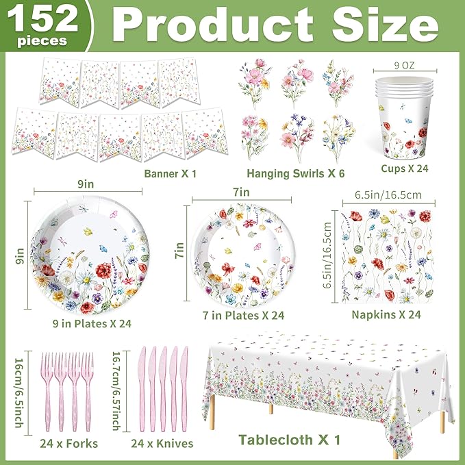 152 Pcs Spring Wildflower Party Decorations Include Plates, Napkins, Cups, Banner, Tablecloth for Floral Birthday Wedding Baby Shower Party, Serve 24