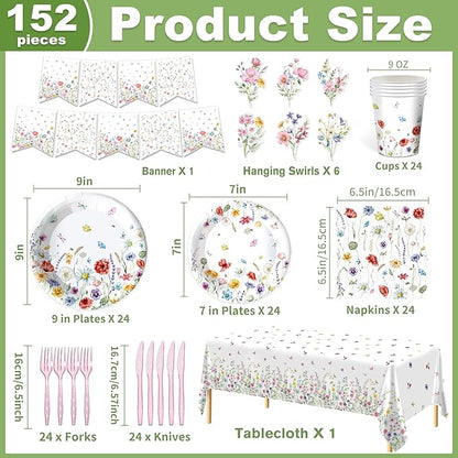 152 Pcs Spring Wildflower Party Decorations Include Plates, Napkins, Cups, Banner, Tablecloth for Floral Birthday Wedding Baby Shower Party, Serve 24