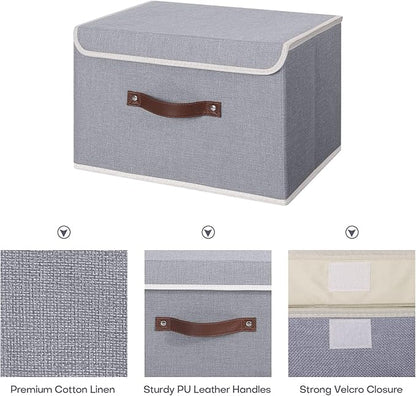 ANMINY Storage Bin with Lid Storage Boxes with PU Leather Handles PP Plastic Board Decorative Foldable Lidded Cotton Linen Fabric Home Cubes Baskets Closet Organizer Container - Gray, Medium