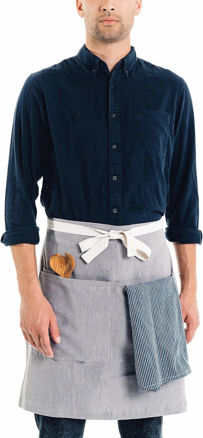 Caldo Linen Bistro Cafe Apron - Professional Grade with Pockets, Half Kitchen Apron, Mid Length 23 x 23, 40 Inch Waist Ties