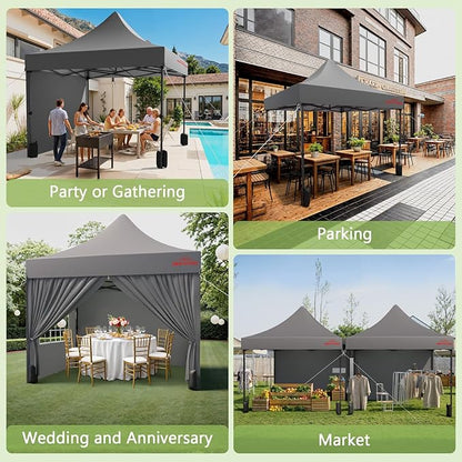 10x10 Heavy Duty Pop Up Canopy with 4 Sidewalls, 550D Commercial Easy Up Canopy Tent, Waterproof Outdoor Party Event Tent with Roller Bag, Grey
