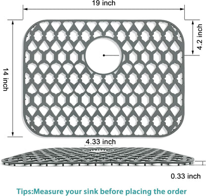 Sink Protectors for Bottom of Kitchen Sink 13x11 &16x12 &21x16 &22x13 &24x13 &26x14 &28x14 &30x16, Large Farmhouse Silicone Mats Grid (19”x14”, Rear Drain)