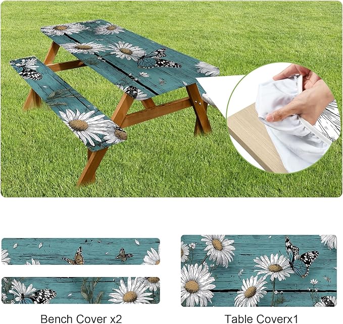 ANNA QUEEN 6FT Blue Daisies Picnic Table Cover with Bench Covers Spring Picnic Table Cover Set 3PCS 72"x30", Waterproof Outdoor Bench and Tablecloth Furniture Protection for Camping Beach BBQ Patio