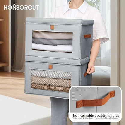Homsorout Large Storage Bins with Lids - Fabric Collapsible Closet Storage Organizer with Window & Handles, Stackable Decorative Storage Boxes for Clothes, Blankets, Sweaters, 4 Pack, Grey