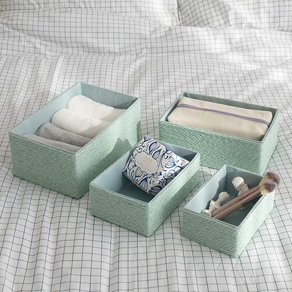 Storage Baskets Set 4 - Stackable Woven Basket Paper Rope Bin, Storage Boxes for Makeup Closet Bathroom Bedroom (Light Green)