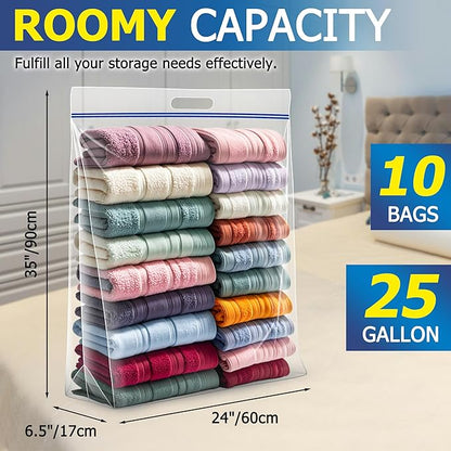 25 Gallon Jumbo Storage Bags, 3.5 Mil Thick Clear Plastic Zipper Bags with Handles, 35" x 24" Extra Large XL Heavy Duty for Home, Travel, and Moving (10 Packs)