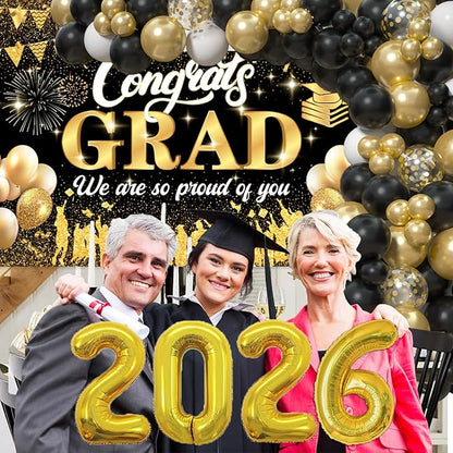 Black Gold 2026 Graduation Party Decorations - Graduation Balloon Arch Kit With Black Gold Graduation Balloons, Congrats Grad Backdrop, 2026 Foil Balloons For High College School Graduation Decor