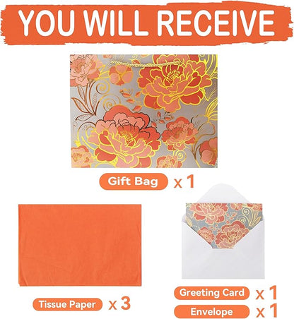13" Large Rose Gold Gift Bag Set with Greeting Card and Orange Tissue Paper for celebrating birthdays,Mother's Day,Christmas,weddings,anniversaries,and more-13"x10.1"x5.2",1 Pcs.