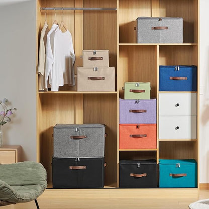 2 Pack Storage Bins with Zipper Lid Cotton Linen Fabric Lidded Storage Baskets Boxes Foldable Washable Closet Shelf Clothes Organizer Container with PU Leather Handles (Linen, Small)