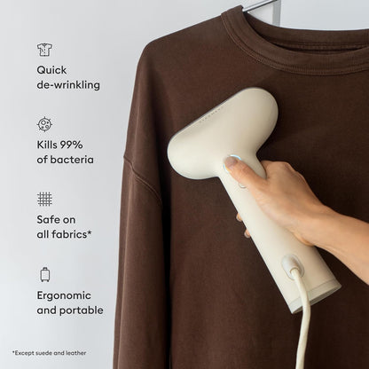 Steamery Handheld Clothes Steamer Cirrus 3, 1200W, US Plug, Heated Ironing Plate, Fast Heat Up, Garment Wrinkle Remover, Beige