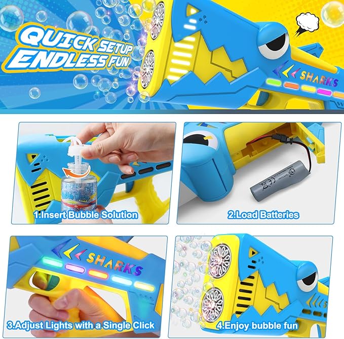 Bubble Gun for Kids Ages 4-8: Shark Light Up Bubble Machine for Toddlers, Rechargeable, 2 Bubble Solution, Outdoor Toy Party Birthday Gift for 3 4 5 6 7 8 Year Old