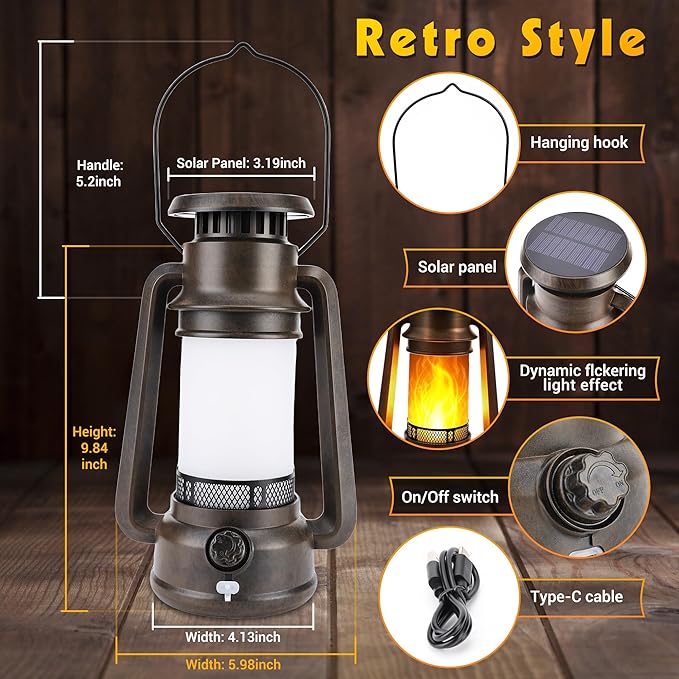Toodour Solar Lantern Outdoor Lights, 2 Pack Bronze Vintage LED Lantern with 2 Modes, Dual Charging Solar/USB Waterproof Hanging Solar Lights for Camping Patio Garden Yard Porch Outdoor Indoor Decor