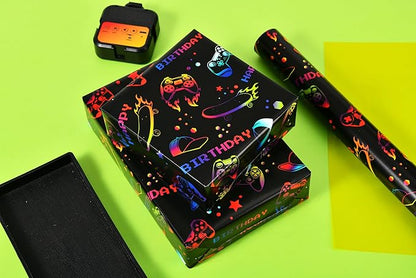 Titiweet Gaming Birthday Wrapping Paper for Boys Girls, 17 Inches x 33 Feet Black with Vibrant Game Controller, Skateboard & Cap Design Wrapping Paper for Game Lover
