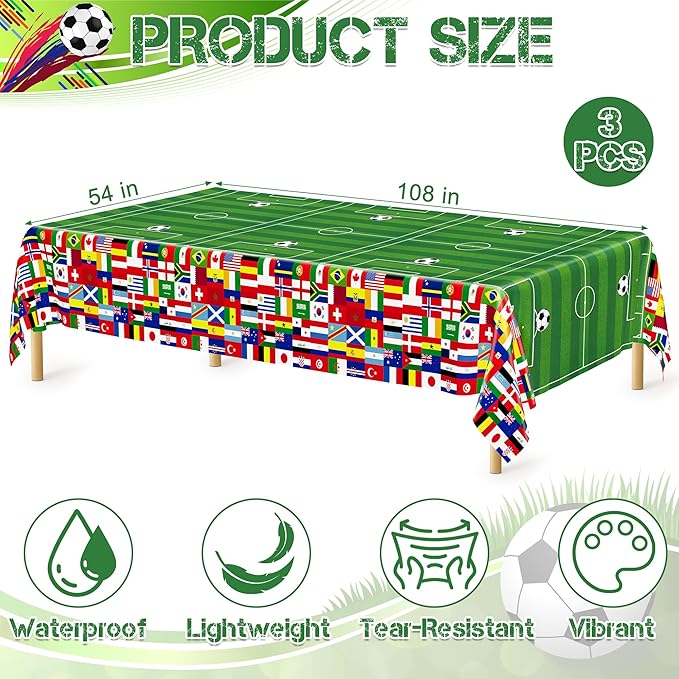 3 Pcs Soccer Tablecloths Plastic, Disposable Soccer Rectangle Table Cover 54 X 108 Inch, 2026 International World Flags Green Tableware Set Birthday Party Decorations for Sports Theme Party Supplies