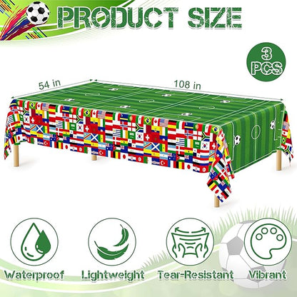 3 Pcs Soccer Tablecloths Plastic, Disposable Soccer Rectangle Table Cover 54 X 108 Inch, 2026 International World Flags Green Tableware Set Birthday Party Decorations for Sports Theme Party Supplies