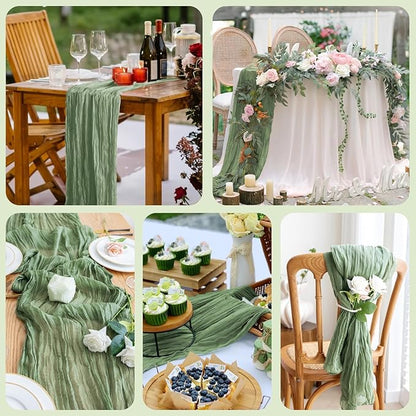Asee'm 2pcs Cheesecloth Table Runner 120 Inches Sage Green Boho Gauze Cheese Cloth Runner 10FT Rustic Sheer Table Runners for Spring Easter Wedding Baby Shower Holiday Party Decoration