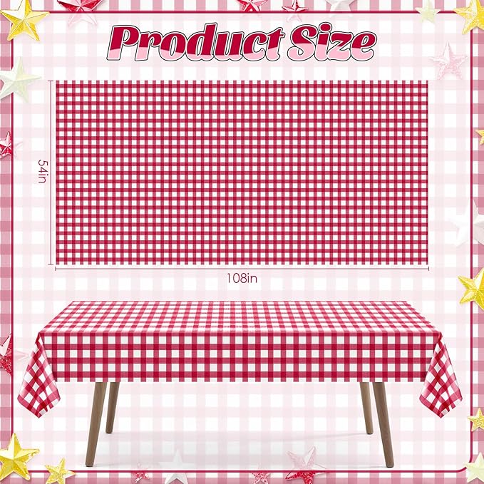1 Pack Red Striped Gingham Tablecloths, 54 x 108 Inch Disposable Plastic Rectangle Table Covers, Waterproof Red and White Checkered Table Cloths for Picnic, Birthday, Party, Outdoor Events