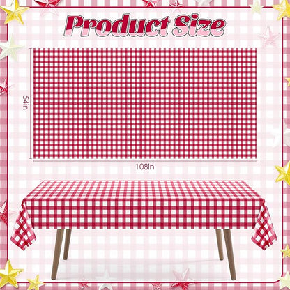 1 Pack Red Striped Gingham Tablecloths, 54 x 108 Inch Disposable Plastic Rectangle Table Covers, Waterproof Red and White Checkered Table Cloths for Picnic, Birthday, Party, Outdoor Events