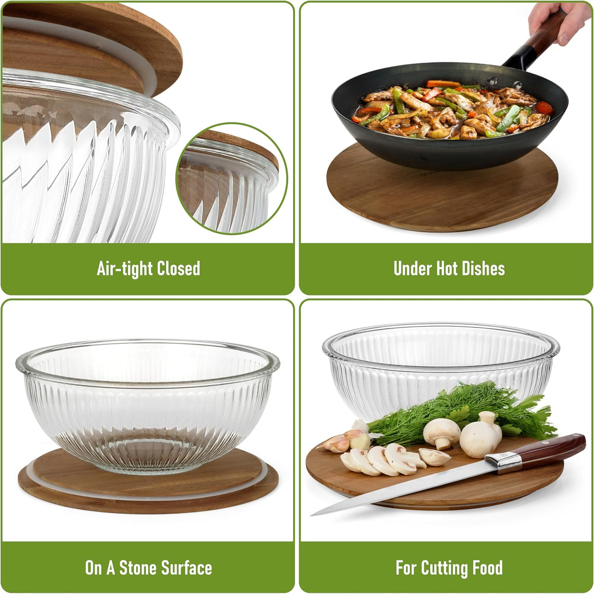 Set of 3 Stackable Space-Saving Nesting Glass Salad Bowls with Acacia Lids for Foodprep, Storage, Baking, Mixing & Cooking