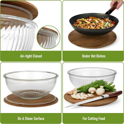 Set of 3 Stackable Space-Saving Nesting Glass Salad Bowls with Acacia Lids for Foodprep, Storage, Baking, Mixing & Cooking