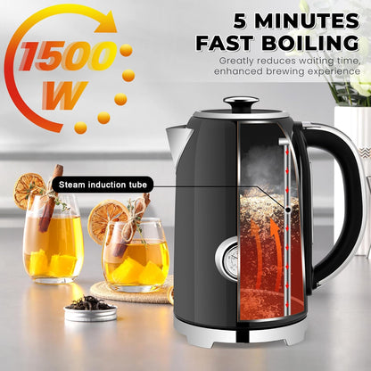 Susteas Electric Kettle Temperature Control - 57oz Hot Water Boiler with Thermometer, 1500W Fast Heating Stainless Steel Tea Kettles