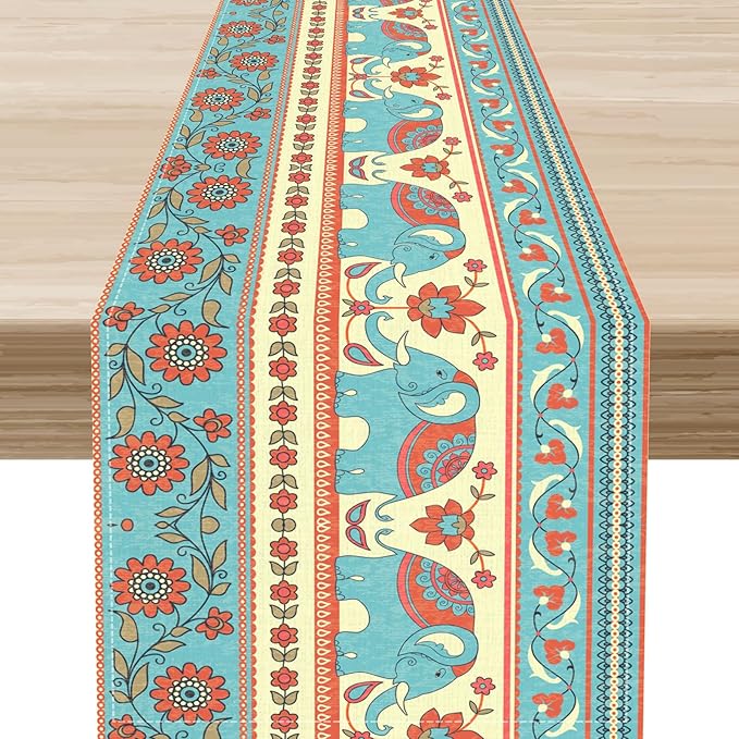 Boho Table Runner, Rustic African Tribe Indian Elephant Diwali India Ethnic Rustic Blue Coffee Table Center Decor for Home Kitchen Dining Patio Holiday Party Outdoor Table Decorations, 13"x72"