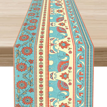 Boho Table Runner, Rustic African Tribe Indian Elephant Diwali India Ethnic Rustic Blue Coffee Table Center Decor for Home Kitchen Dining Patio Holiday Party Outdoor Table Decorations, 13"x72"