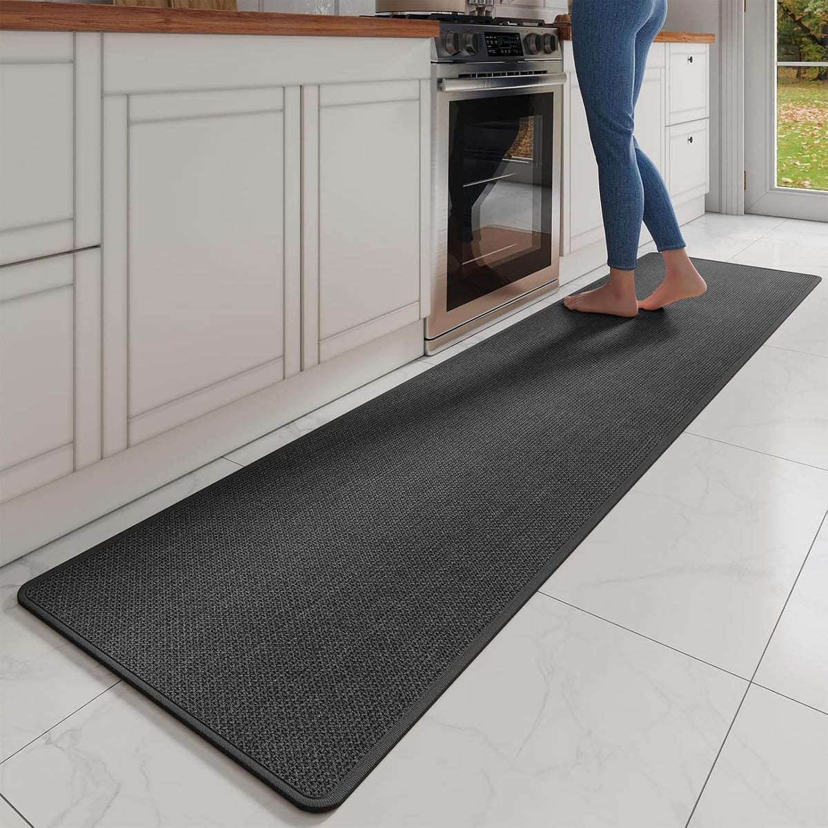 Kitchen Mats for Floor, Super Absorbent Kitchen Rugs Non Slip Washable, Soft Imitation Linen Braided Kitchen Runner Rug, Standing Mat Kitchens Sink Mat, Easy to Clean, Black 17x95