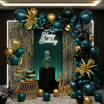 Chrome dark Teal and gold black Balloon Garland Kit 170Pcs Double-Stuffed Navy Teal Blue With Starburst Balloons for Birthday Luxury shop happy grad eve decorations 2025