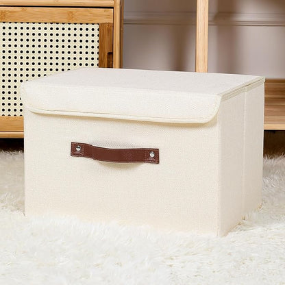 ANMINY 4PCS Storage Bins with Lid PU Leather Handles Storage Boxes PP Plastic Board Decorative Foldable Lidded Cotton Linen Fabric Home Cubes Baskets Closet Organizer Containers - Beige, Large Size