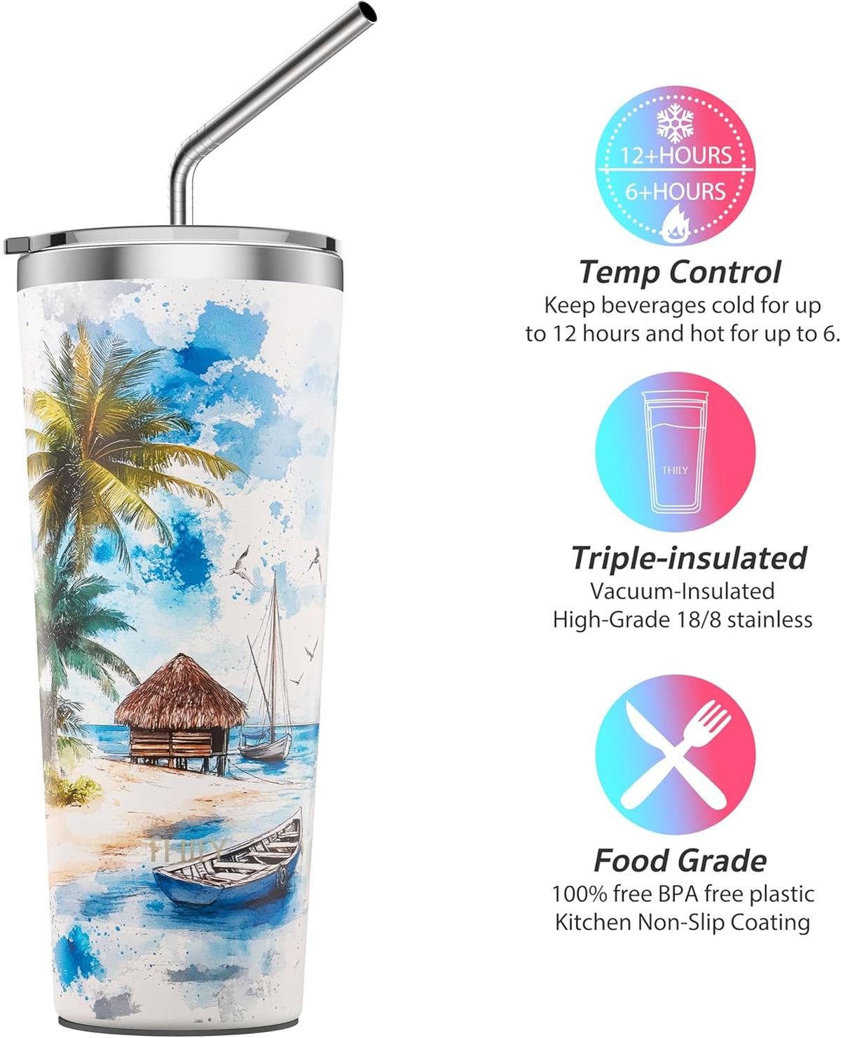 Thily Vacuum Insulated Stainless Steel Tumbler Travel Mug 26 oz Coffee Cup with 2 Lids and Straws, Splash Proof, Reusable, Keep Iced Drinks Cold