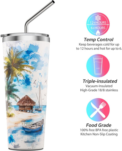 Thily Vacuum Insulated Stainless Steel Tumbler Travel Mug 26 oz Coffee Cup with 2 Lids and Straws, Splash Proof, Reusable, Keep Iced Drinks Cold